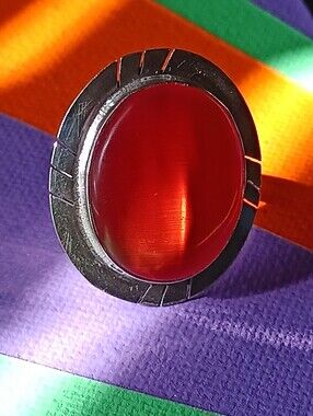 Red Cat Eye Oval Sterling Silver Statement Ring Sz 8